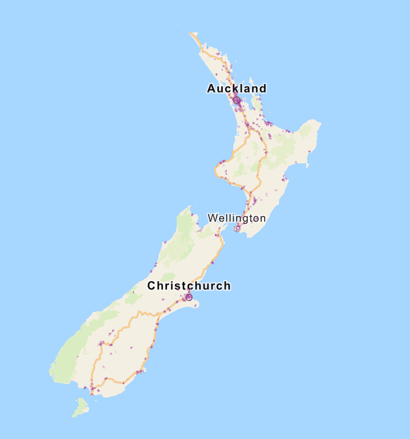 Map of New Zealand showing One NZ's 5G coverage, with small purple dots concentrated around Auckland, Wellington and Christchurch, and very sparse coverage elsewhere.