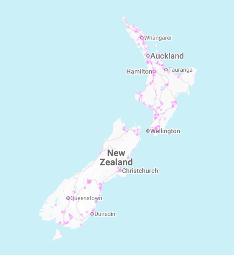 Map of New Zealand showing Spark's 5G coverage, with pink patches around major centres like Auckland, Hamilton, Tauranga, Wellington, Christchurch, Queenstown and Dunedin, and very limited coverage elsewhere.