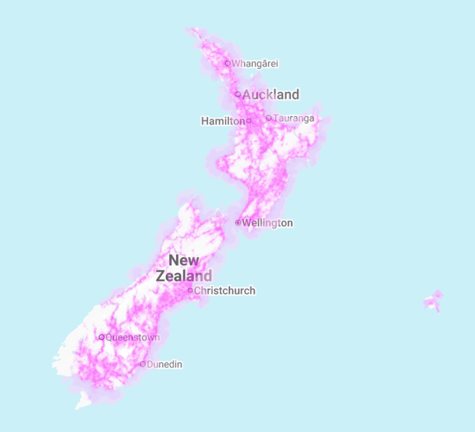 Map of New Zealand showing Spark's 4G coverage, with widespread pink shading across the North Island and significant coverage across the South Island, though sparser through the central South Island alpine areas.