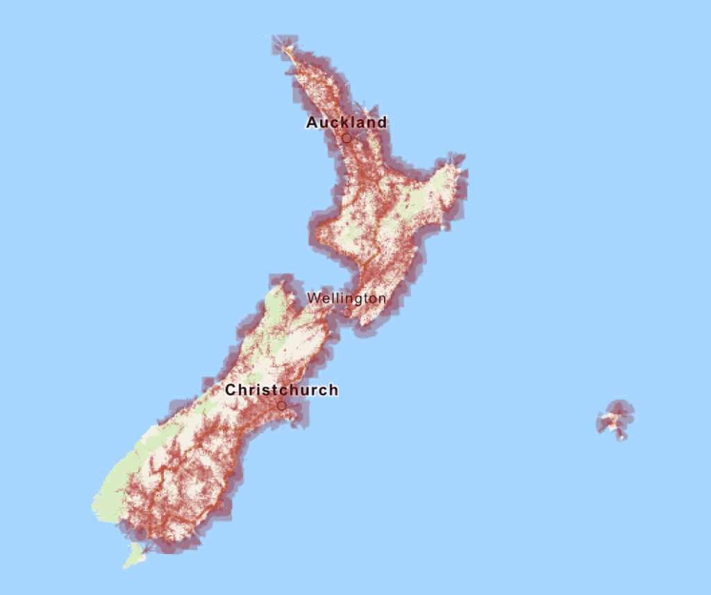 Map of New Zealand showing One NZ's 4G coverage, with dense brown shading across most of the North Island and substantial coverage across the South Island, though with gaps in the central and western alpine regions.