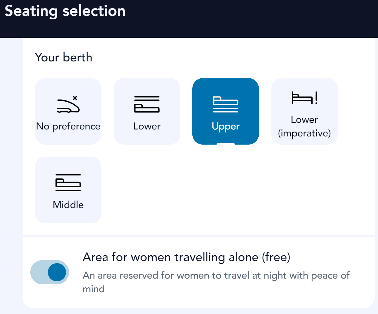 Screenshot of a sleeper train berth selection page. Text reads "Seating selection" "Your berth" "No preference" "Lower" "Upper" "Lower imperative" "Middle" "Area for women travelling alone free" "An area reserved for women to travel at night with peace of mind"