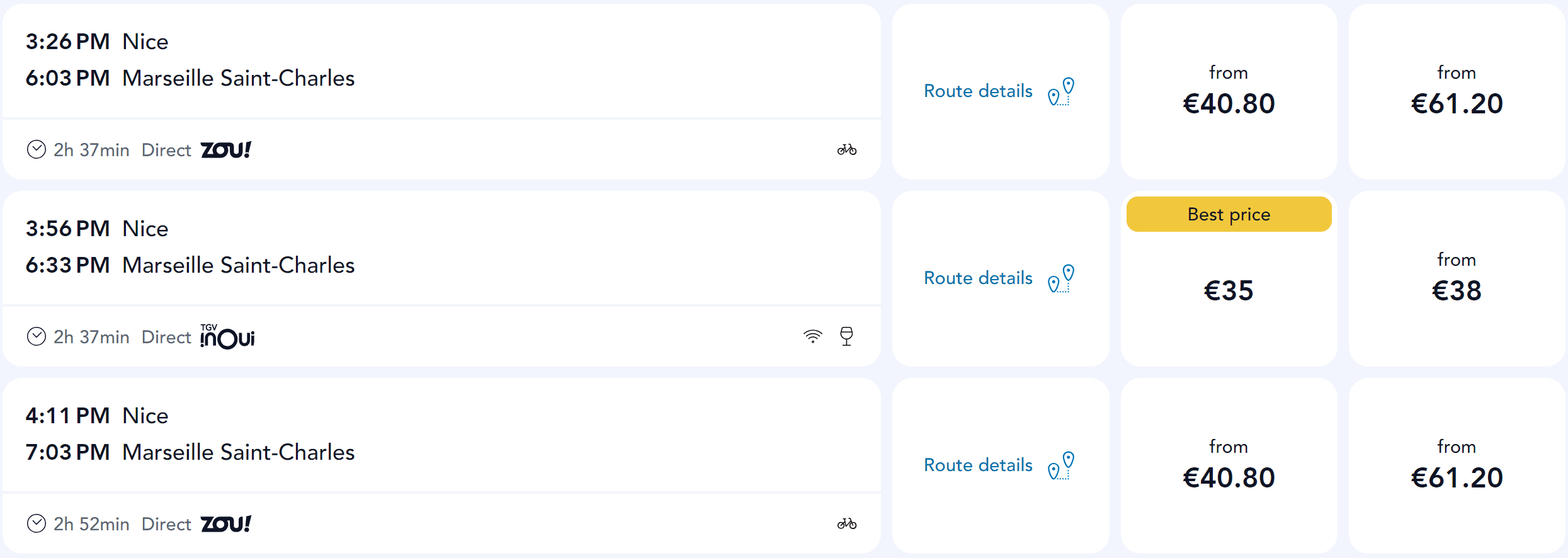 Screenshot comparing train fares from Nice to Marseille Saint Charles. Text reads "3.26 PM Nice" "6.03 PM Marseille Saint Charles" "2h 37min" "Direct" "ZOU" "from €40.80" "from €61.20" "3.56 PM Nice" "6.33 PM Marseille Saint Charles" "2h 37min" "Direct" "TGV inOui" "Best price" "€35" "from €38" "4.11 PM Nice" "7.03 PM Marseille Saint Charles" "2h 52min" "Direct" "ZOU" "from €40.80" "from €61.20"