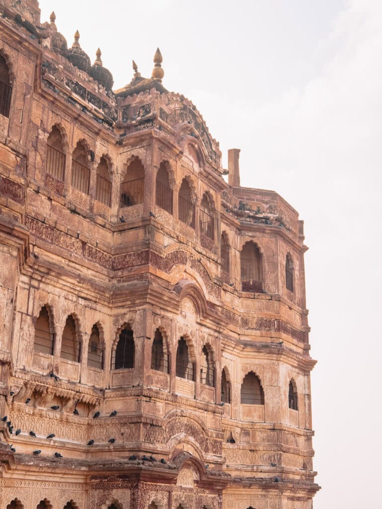 Detailed view of Mehrangarh Fort in Jodhpur with layered sandstone walls and intricate architectural carvings