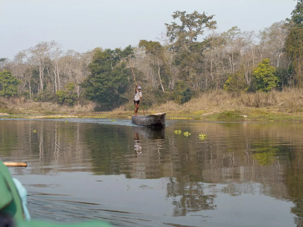 Calm river reflecting trees with a person standing in a canoe in Chitwan National Park