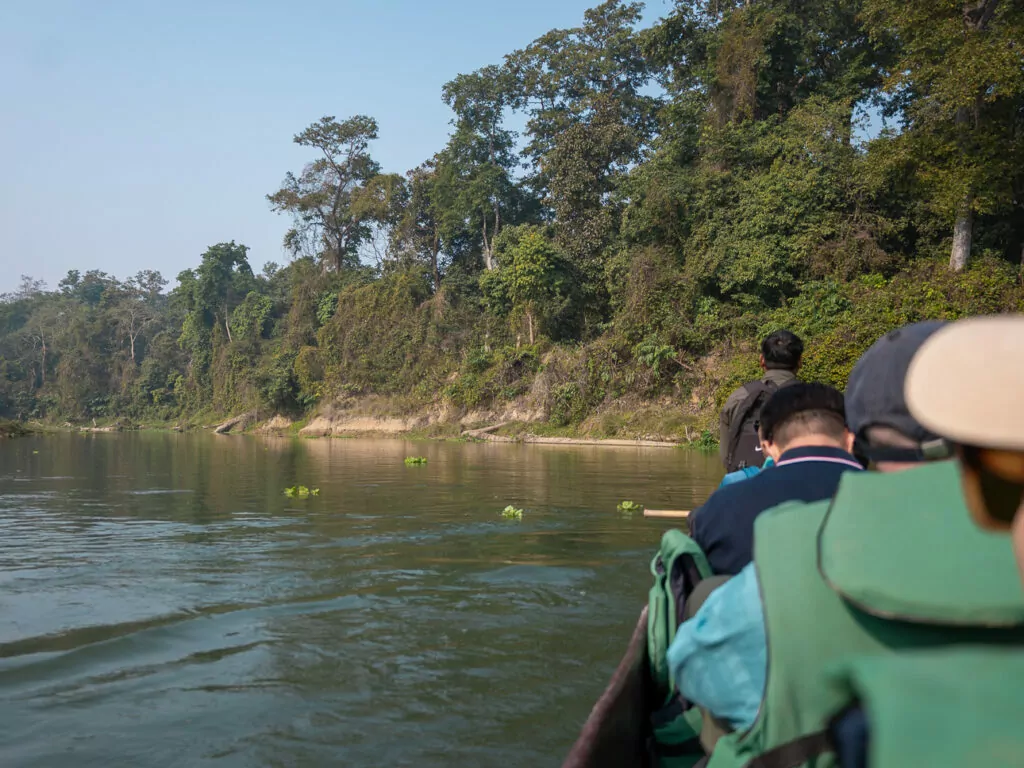 Canoe ride on a river in Chitwan National Park with lush jungle along the riverbank