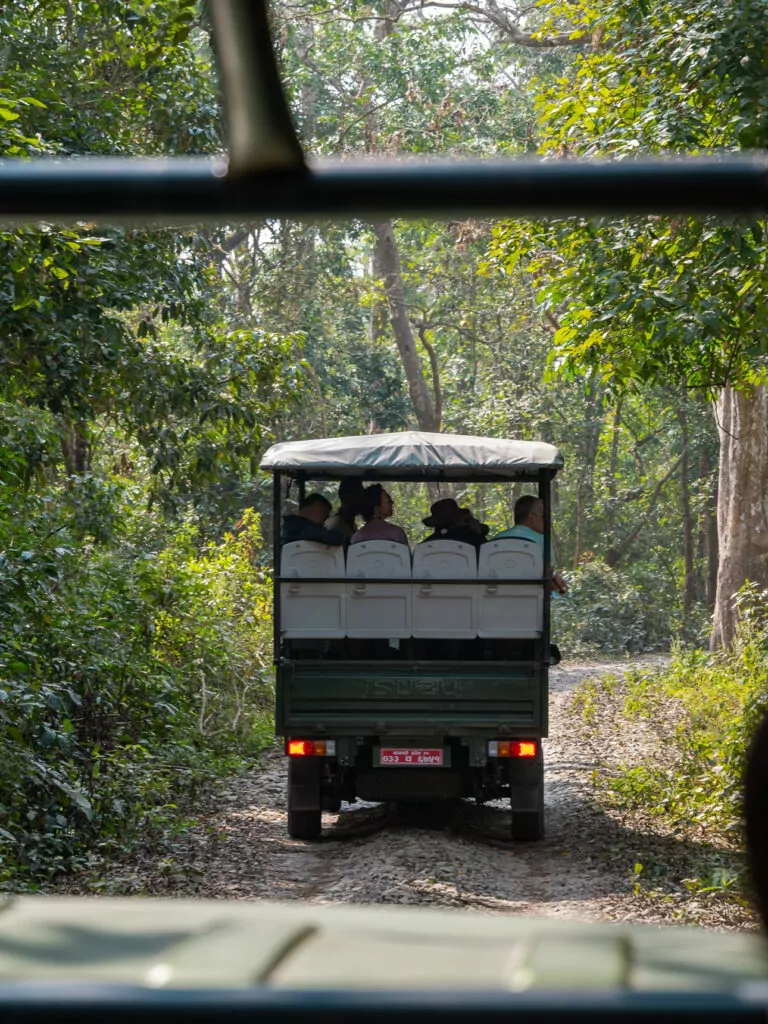 Open-top safari jeep driving along a jungle trail in Chitwan National Park