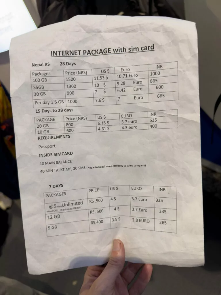 Price list for SIM card and internet packages at Kathmandu airport in Nepal