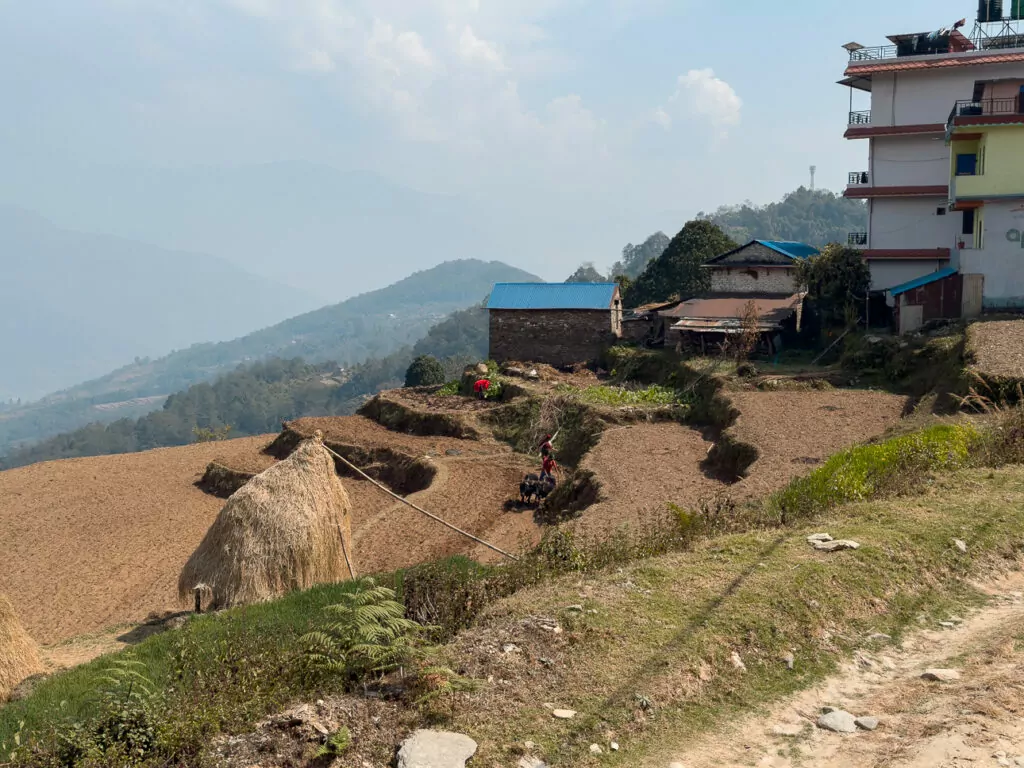 Hillside village and terraced landscape along the trek near Dhampus