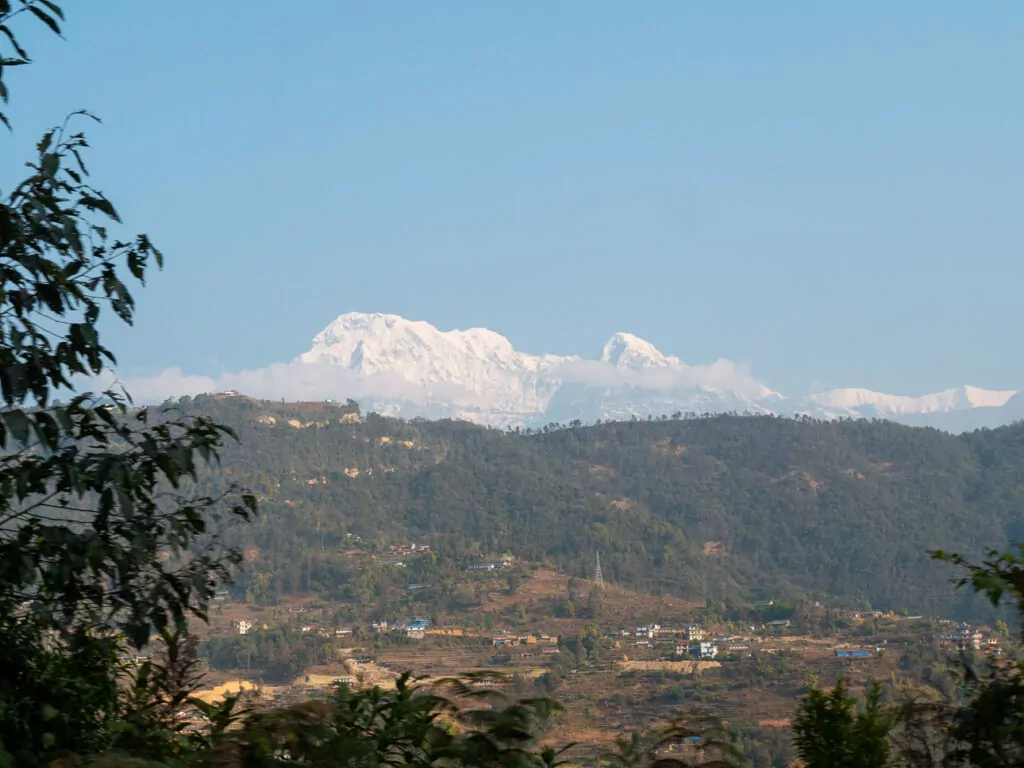 Snow-capped Himalayan peaks seen from the drive to Kande trailhead