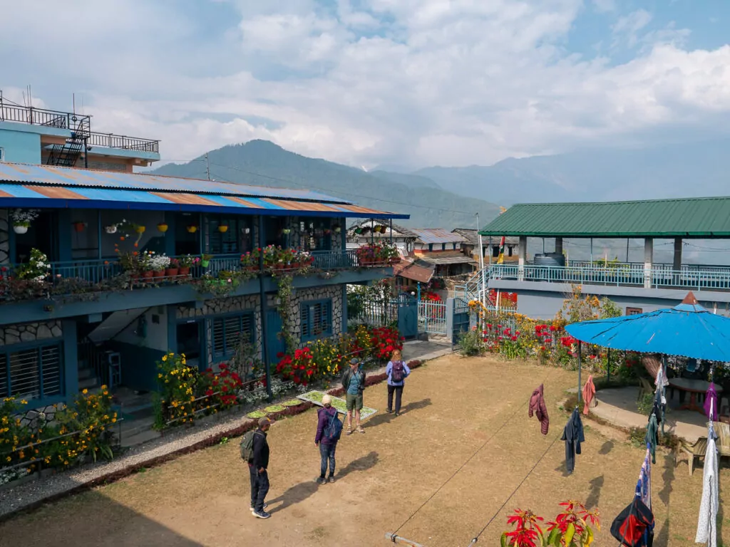 Teahouse near Dhampus village with mountain views in the background