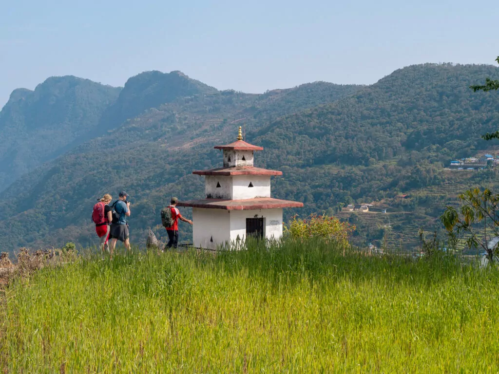 Trekkers walking through green rice paddies with a traditional temple and mountains in the background on the Australian Camp trek