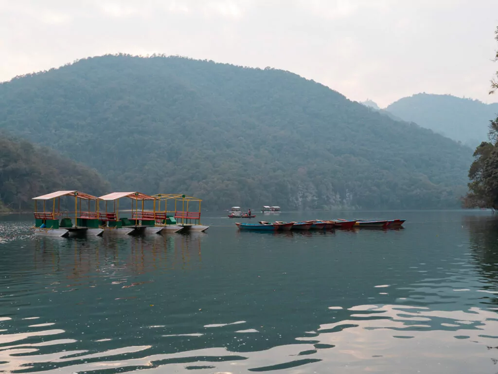 Calm waters of Phewa Lake with forested mountains reflected in the surface
