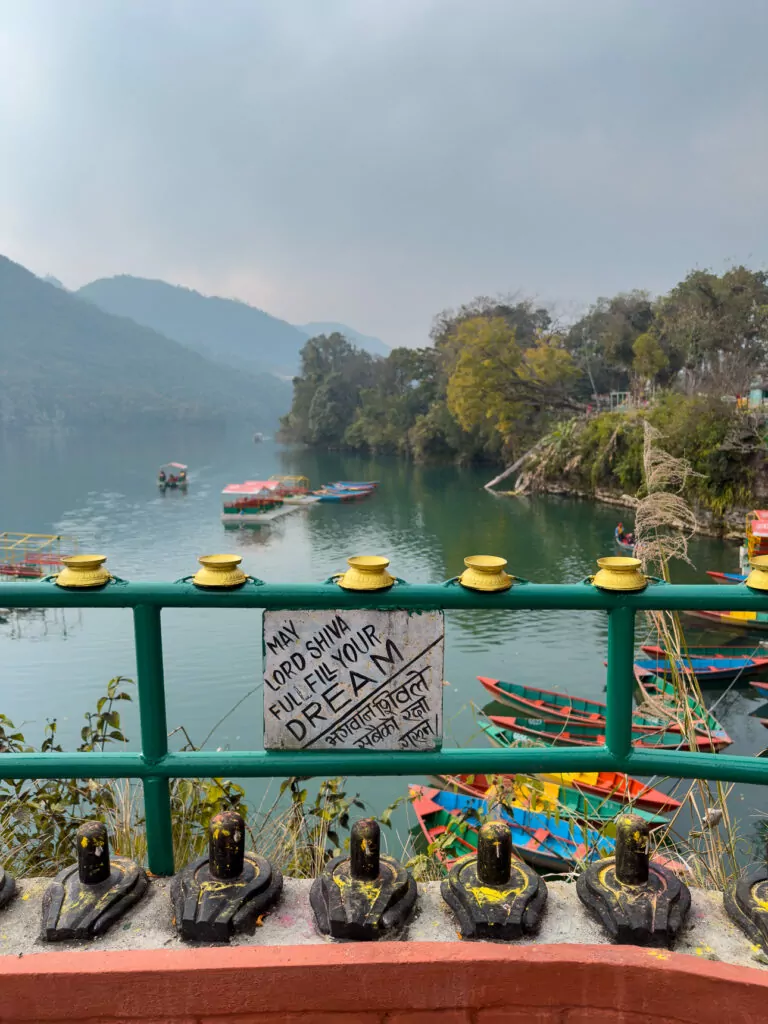 Colourful rowing boats on Phewa Lake in Pokhara viewed from behind a green railing