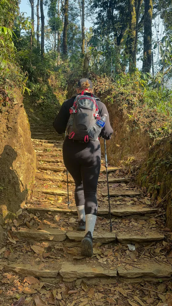 Trekker climbing steep stone steps on the Australian Camp hike in Nepal