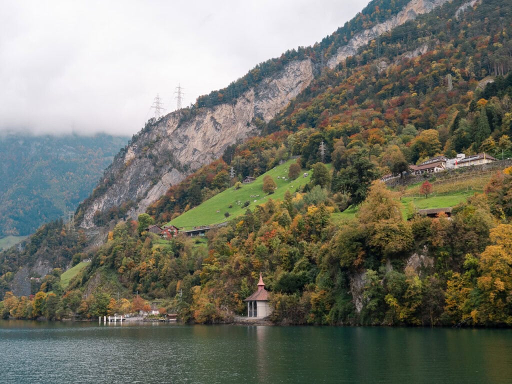 The Tellskapelle lakeside chapel built in honour of Swiss folk hero William Tell, seen from the Lake Lucerne boat