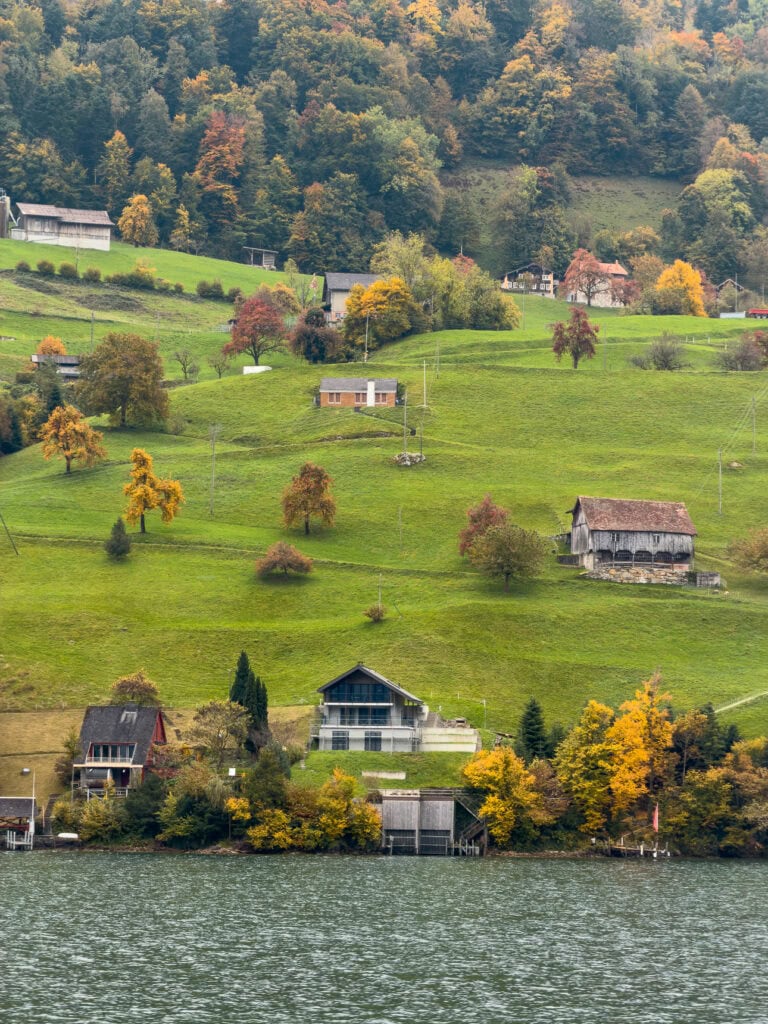 A tiny lakeside village with autumn-coloured hillsides, viewed from a Lake Lucerne boat cruise