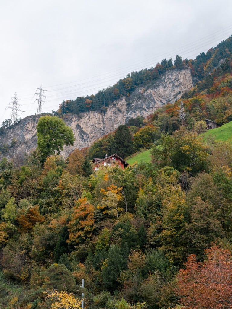A traditional Swiss chalet perched on a steep green hillside along the Gotthard Railway