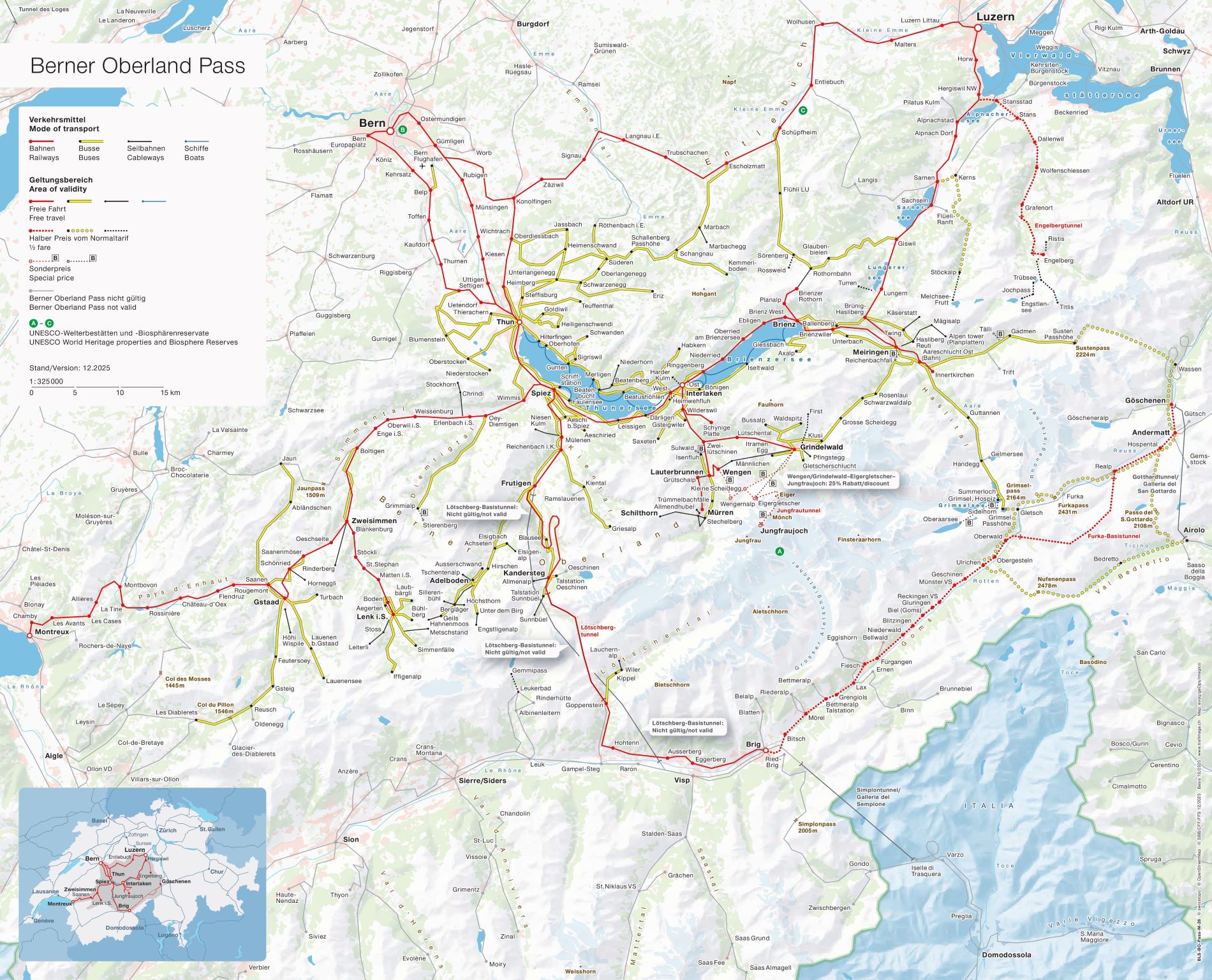 Detailed Berner Oberland Pass validity map showing included and discounted train, bus, boat and mountain routes
