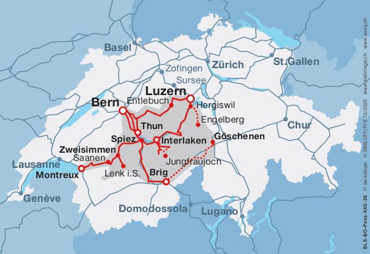 Simplified Berner Oberland Pass coverage map showing included routes to Lucerne, Bern, Montreux and Brig