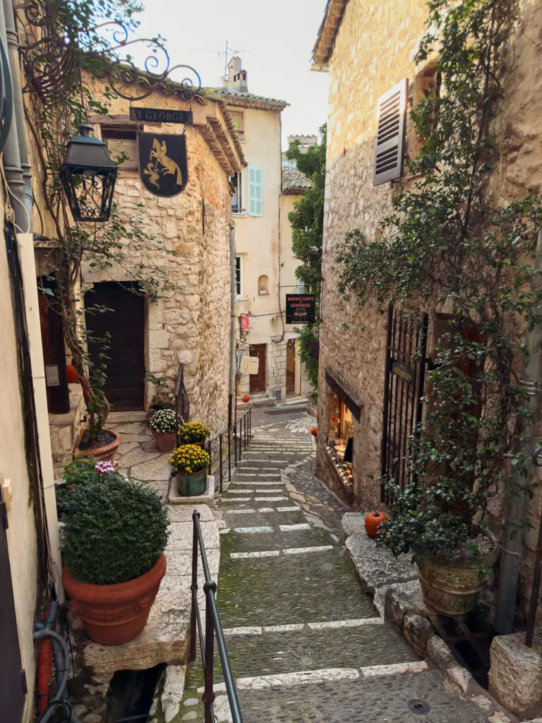 A narrow stepped lane winds through Saint Paul de Vence between stone walls and potted plants. Visible signs read "Le George" and "Rosae Lampes Souvenirs".
