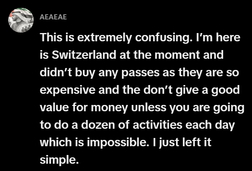 Screenshot of a social media comment saying Switzerland travel passes are extremely confusing