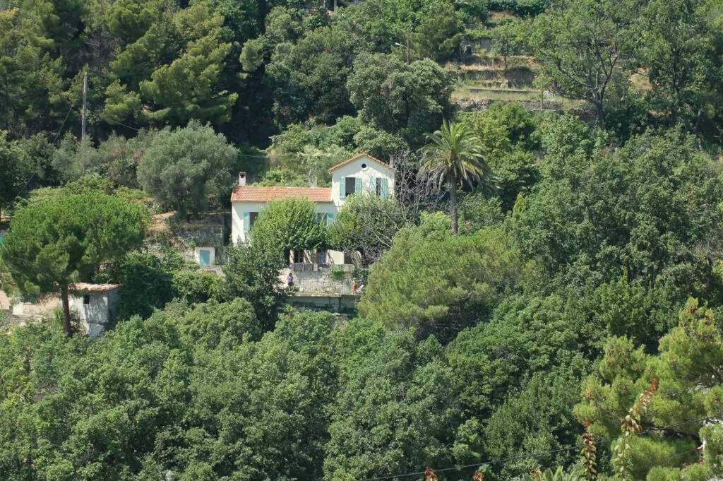 A pale green villa sits tucked into dense hillside trees. The scene shows the leafy inland landscape beyond the busy French Riviera coast