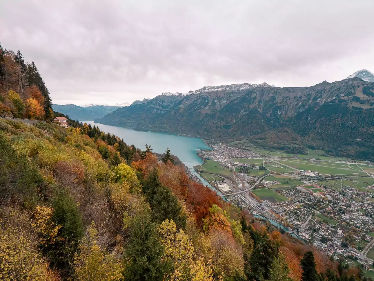 Harder Kulm view over Interlaken, Lake Brienz and autumn forest