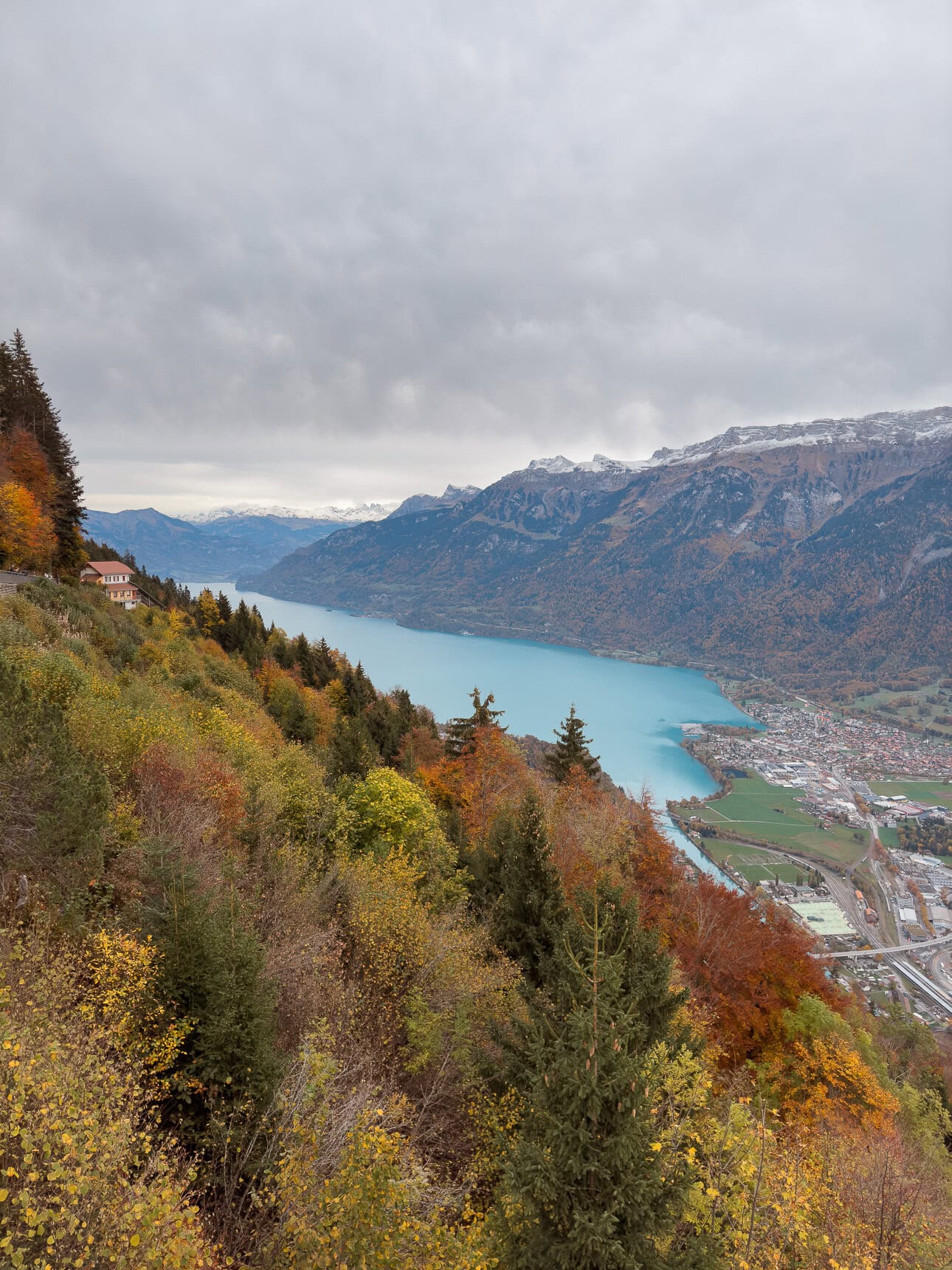 View over Lake Brienz and Interlaken from Harder Kulm in autumn