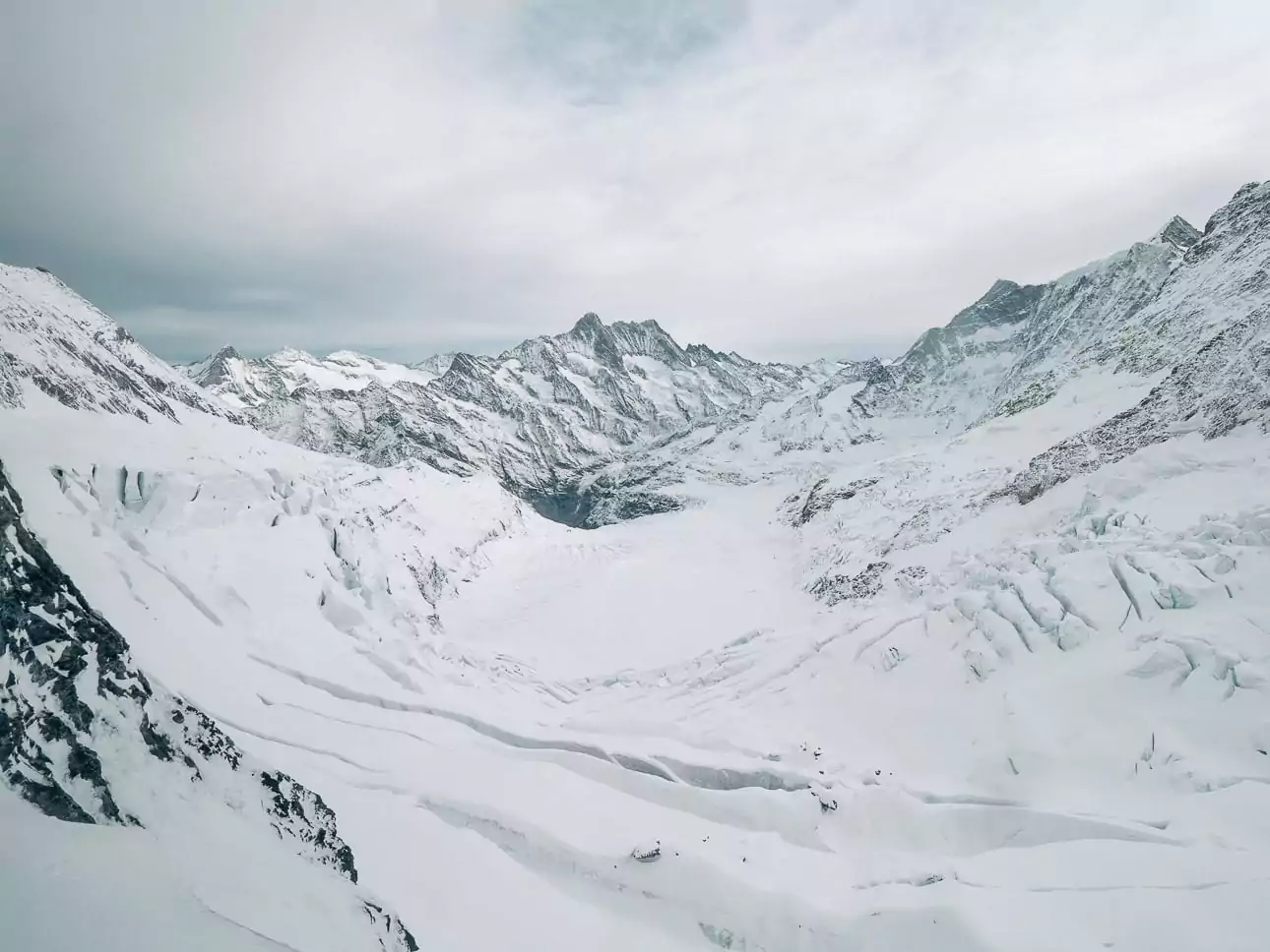 Aletsch Glacier and snowy mountain peaks viewed from Jungfraujoch in Switzerland