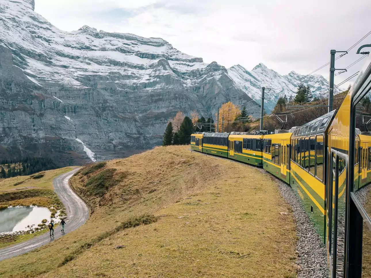 Wengernalp emoji train travelling through alpine scenery near Kleine Scheidegg