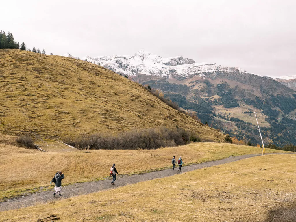 Walking path through open alpine scenery near Jungfraujoch with snowy mountains in the distance