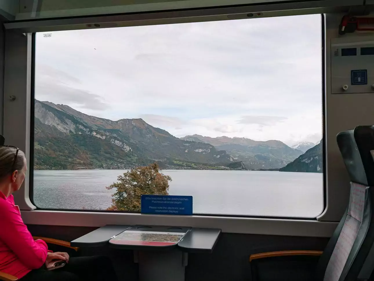 View from the Luzern Interlaken Express train window across a lake and mountain landscape, a journey fully covered by the Berner Oberland Pass