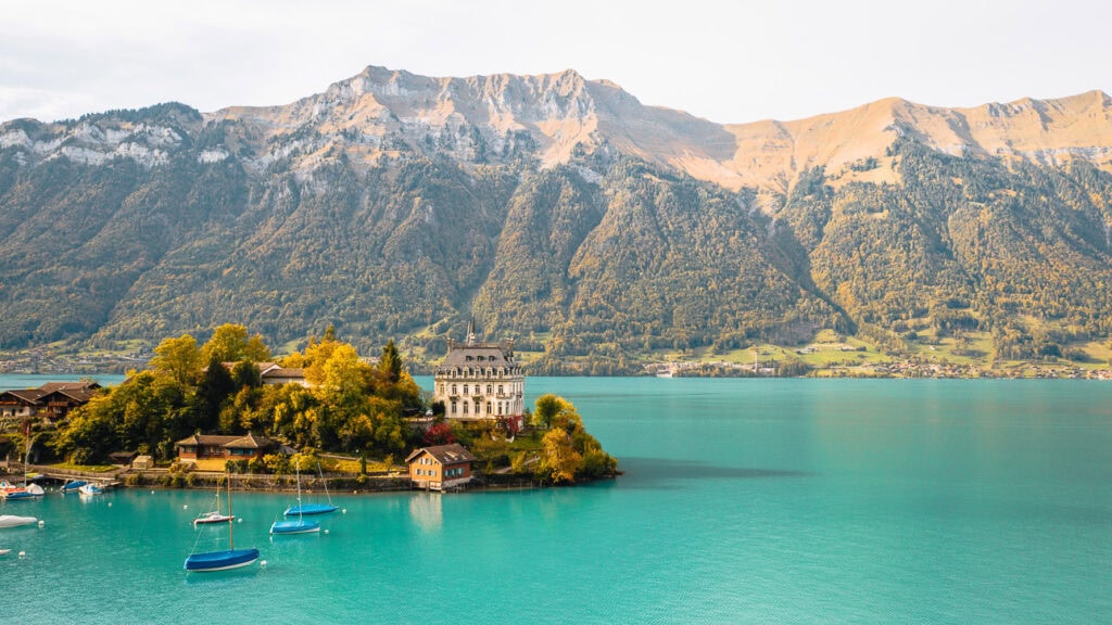 Lake Brienz and mountains seen from a hiking trail near Interlaken in Switzerland