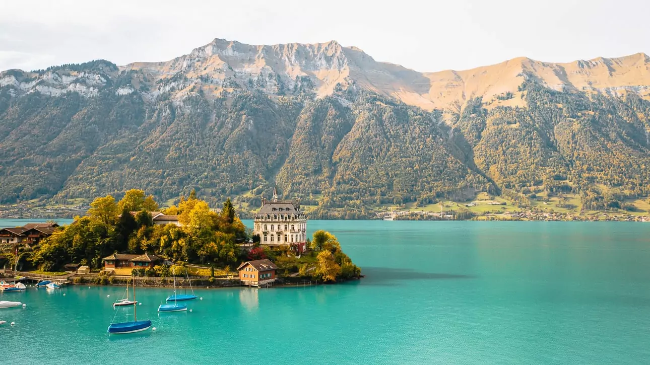 Lake Brienz and mountains seen from a hiking trail near Interlaken in Switzerland