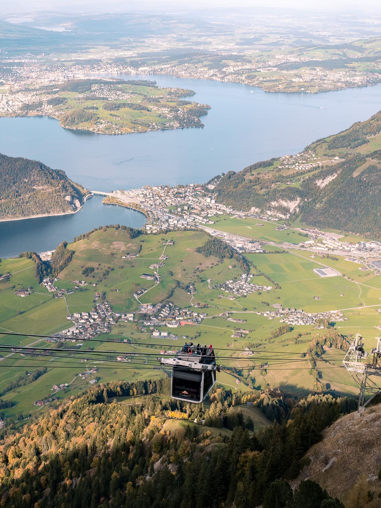 Stanserhorn cable car above Lake Lucerne and the surrounding countryside