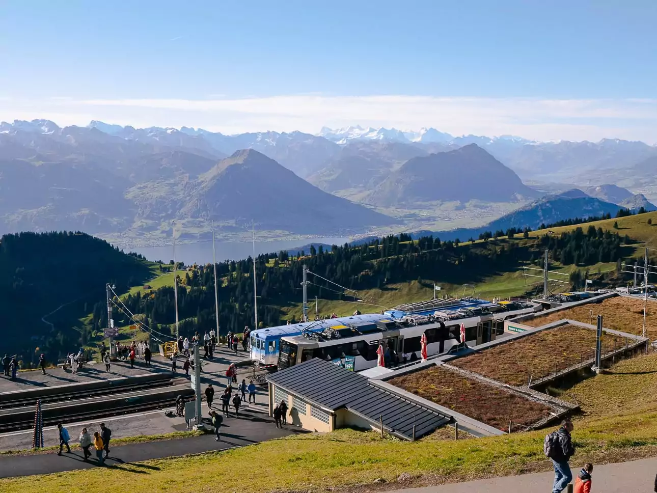 Rigi train station with mountain and Lake Lucerne views