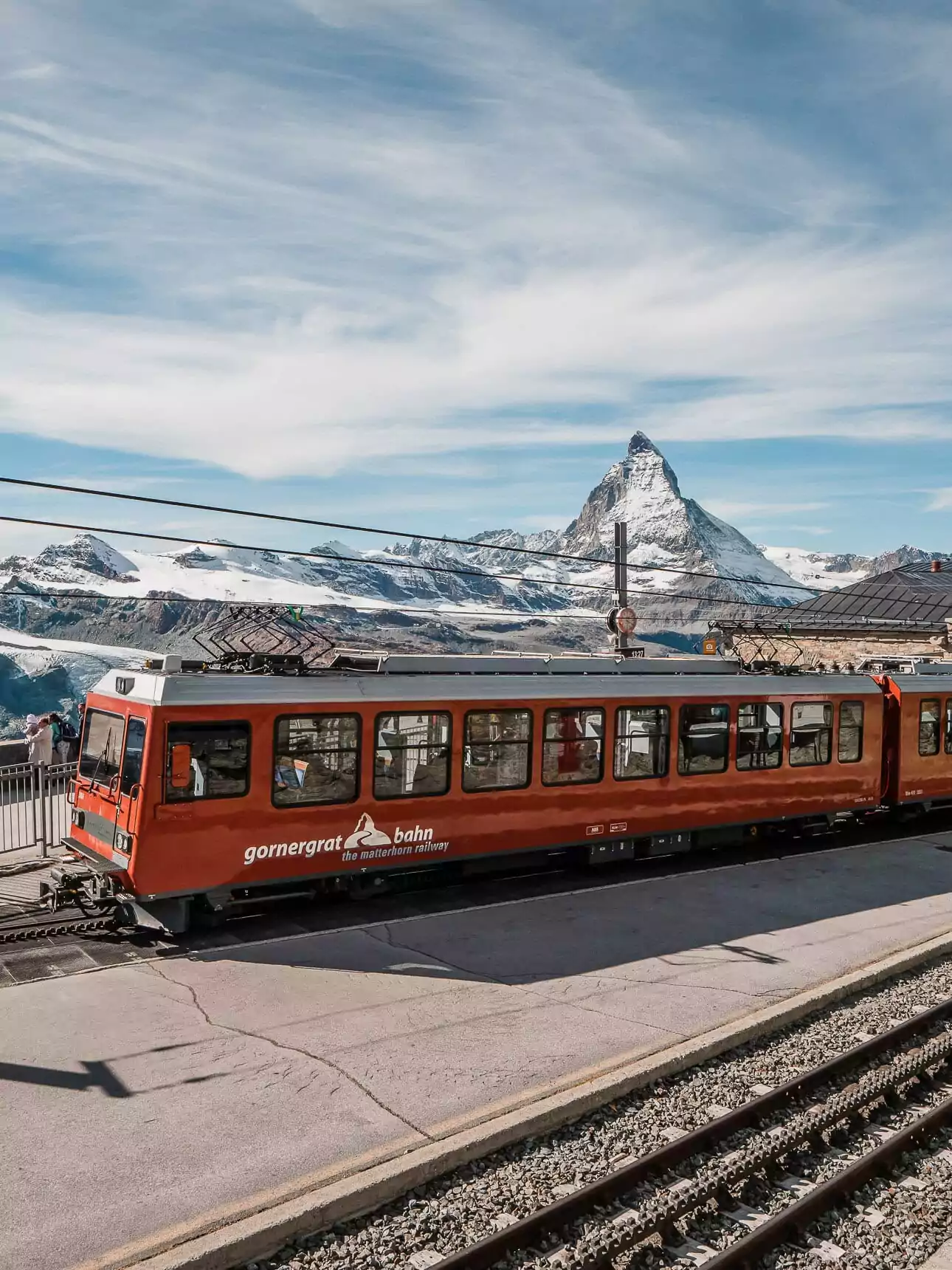 Gornergrat Bahn train with the Matterhorn behind it in Zermatt