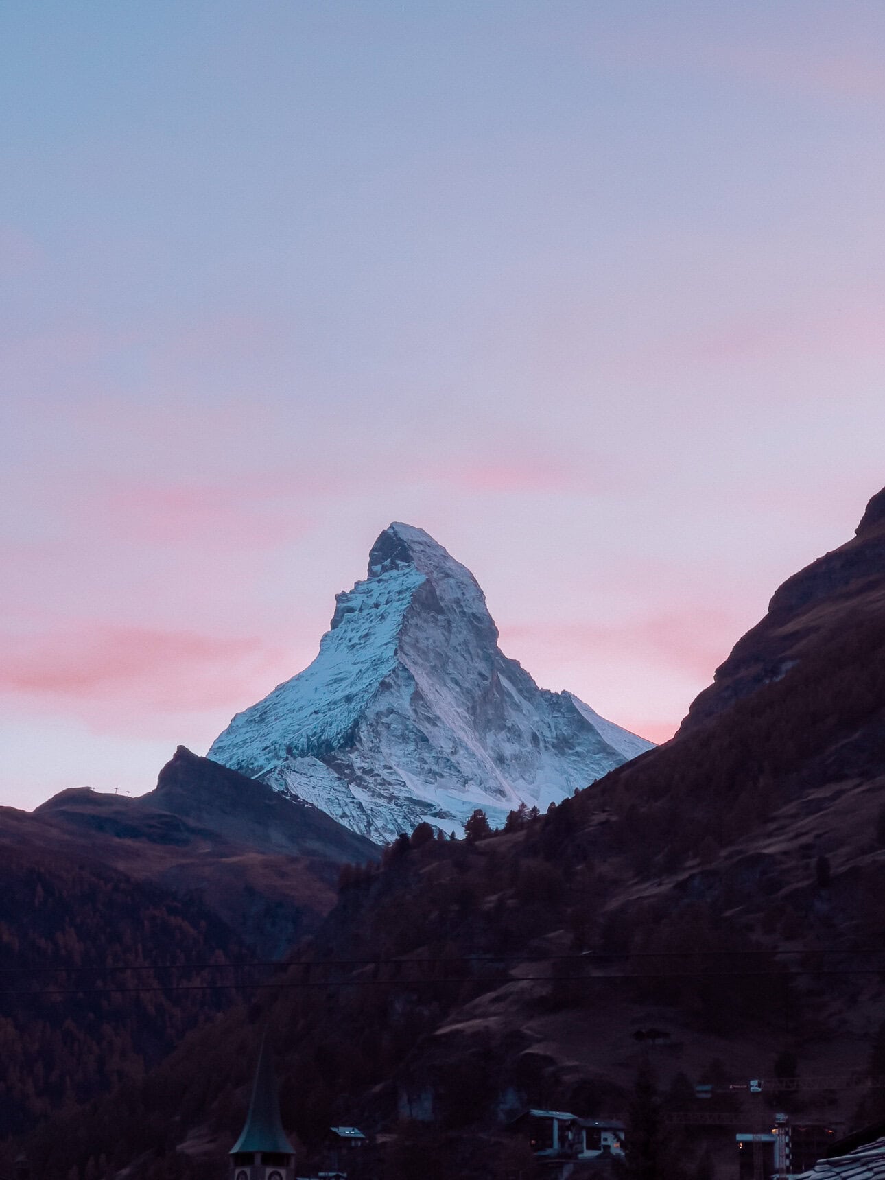 Matterhorn at sunrise above Zermatt village