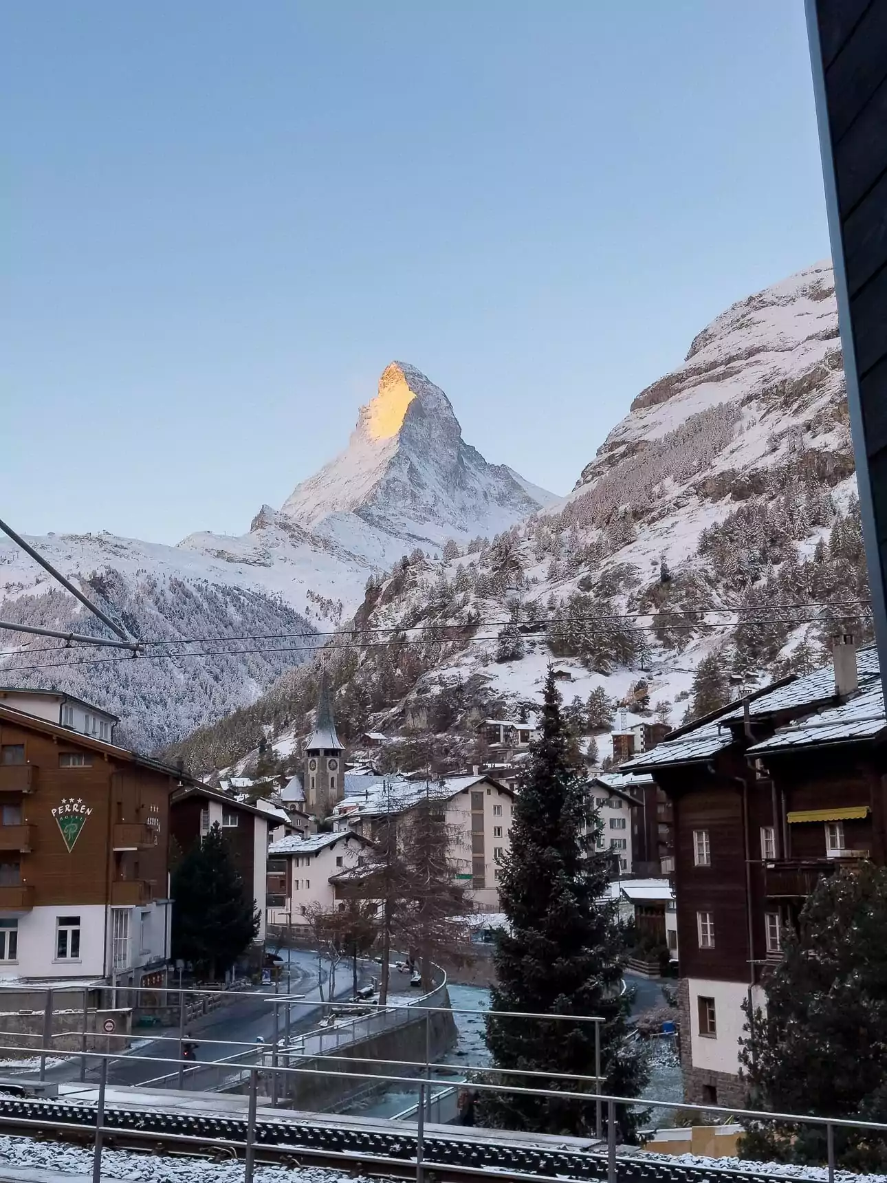 Matterhorn view from snowy Zermatt village in winter