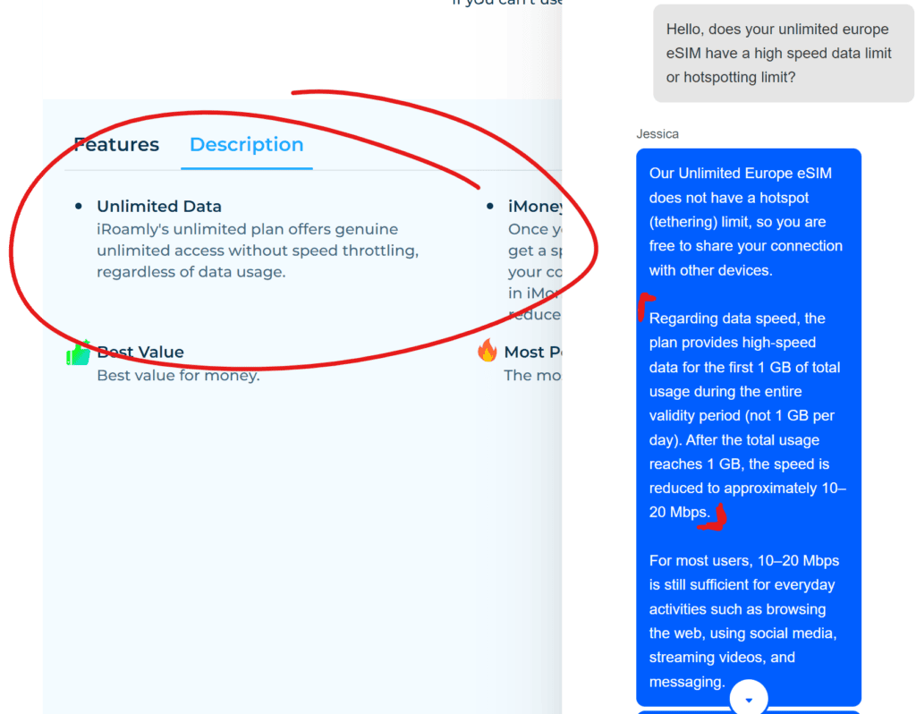 iRoamly live chat reply stating unlimited plans have a 1GB high-speed limit for the whole validity period before slowing to 10 to 20Mbps