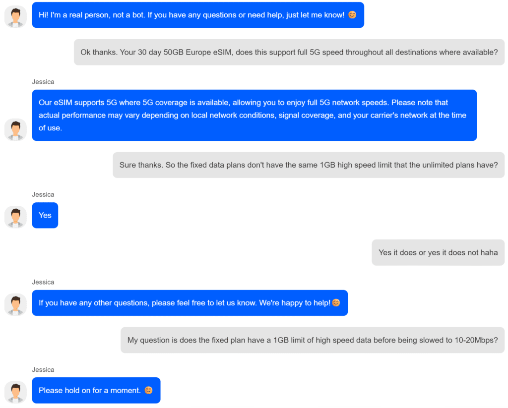 iRoamly live chat transcript dodging a question about full speed data on the 50GB Europe eSIM