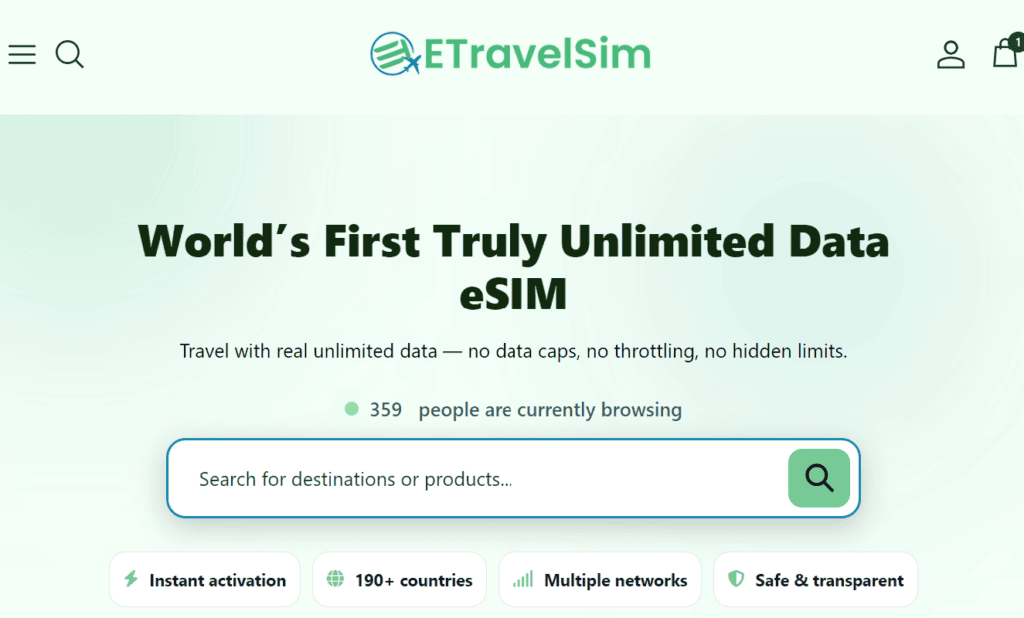 ETravelSIM product page banner promising truly unlimited data with no speed drops