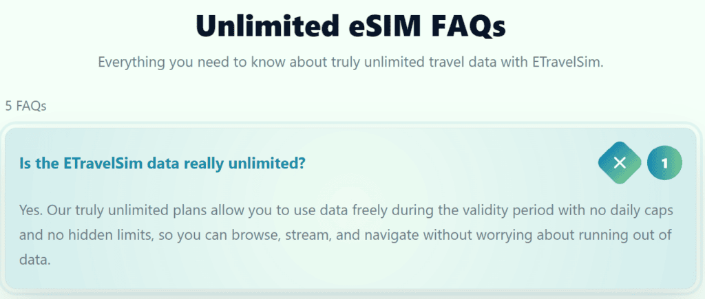 ETravelSIM product page bullet saying no data caps and no throttling