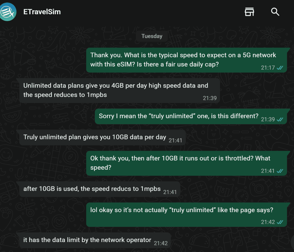 ETravelSIM chat reply admitting the Truly Unlimited eSIM slows down after 10GB per day