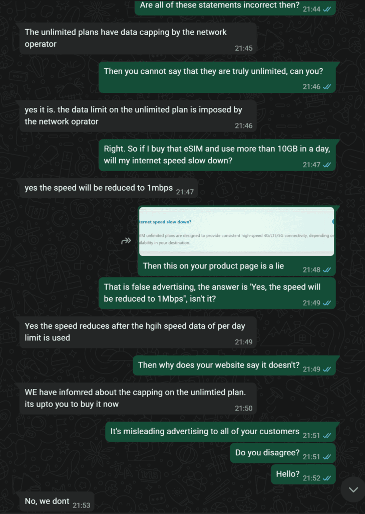 ETravelSIM terms showing a 10GB daily fair use limit on the Truly Unlimited Europe eSIM