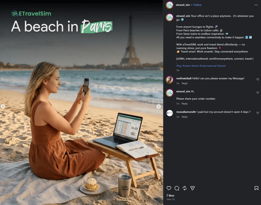 ETravelSIM blog post with an AI-generated image of someone working on a sandy beach in Paris
