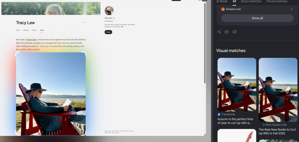 Reverse image search result matching the Medium writer's photos to fashion blogger Jennifer from A Well Styled Life