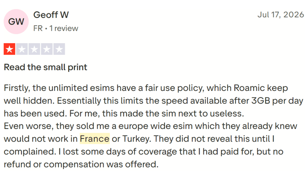 Second Trustpilot review reporting the Roamic Europe eSIM failing in France