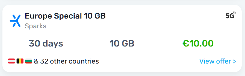 MobiMatter Sparks Europe Special 10GB eSIM plan card showing €10 for 30 days