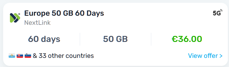 MobiMatter NextLink Europe 50GB eSIM plan card showing €36 for 60 days